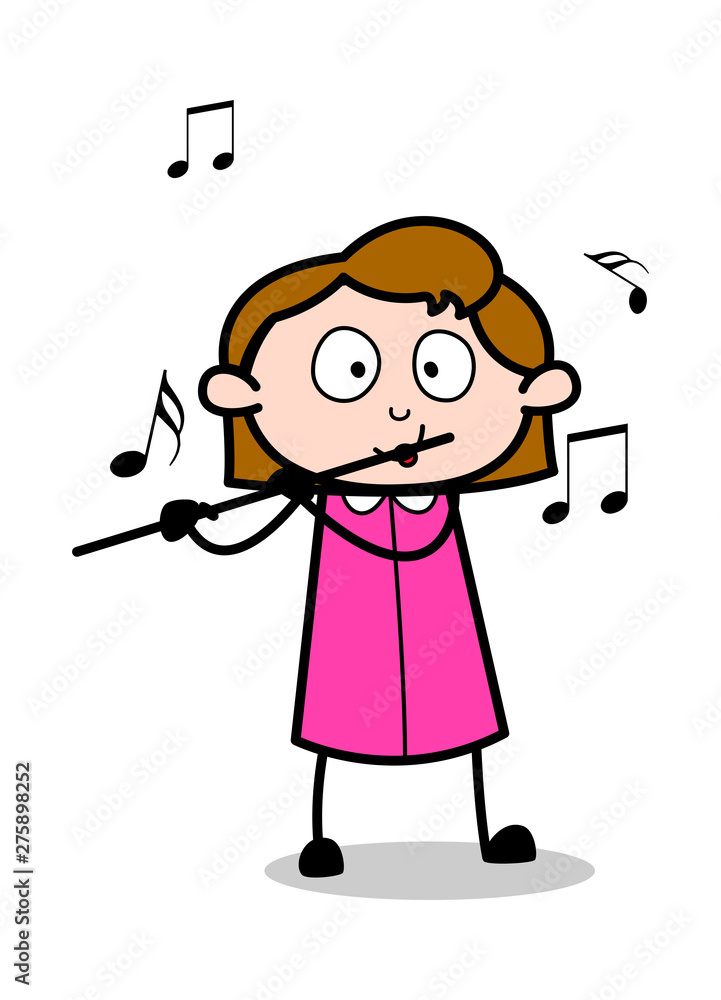 Playing Flute - Retro Office Girl Employee Cartoon Vector Illustration Playing Flute - Retro Office Girl Employee Cartoon Vector Illustration