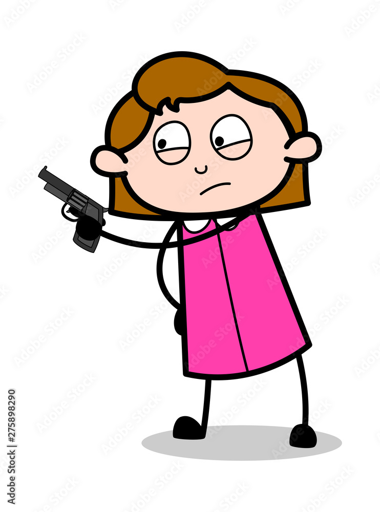 Pointing Gun - Retro Office Girl Employee Cartoon Vector Illustration