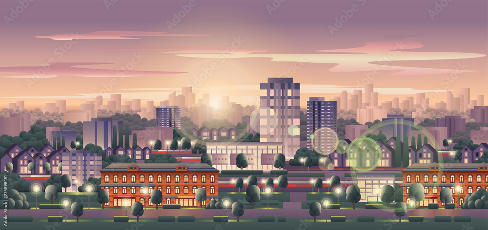 Vector illustration with skyscrapers in the city. City skyline at sunset.