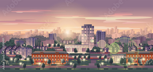 Vector illustration with skyscrapers in the city. City skyline at sunset.