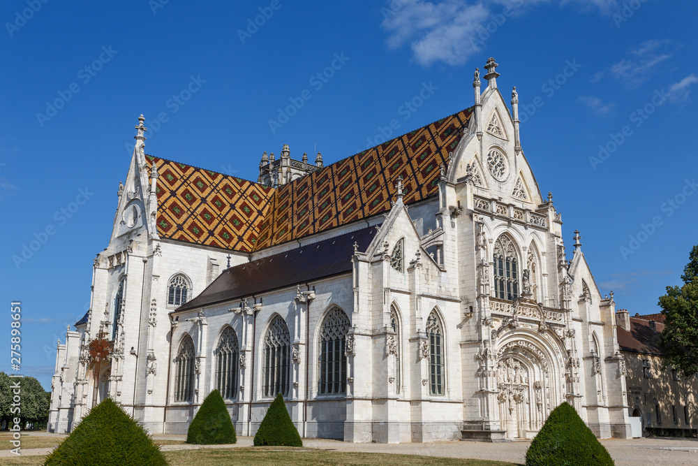 View to Gothic facade of Royal Monastery of Brou, Bourg-en-Bresse, France View to Gothic facade of Royal Monastery of Brou, Bourg-en-Bresse, France