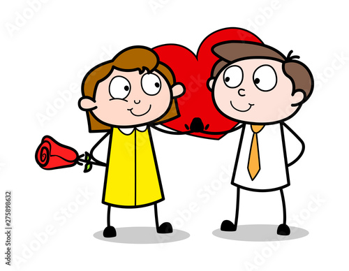 Lover Presenting Rose - Retro Office Girl Employee Cartoon Vector Illustration