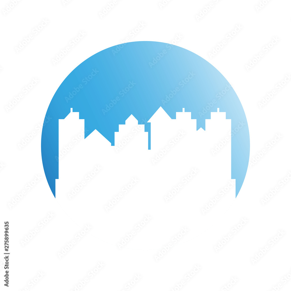 building, city skyline in blue circle 