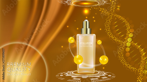 beauty product ad design, gold cosmetic container with soft and smooth golden advertising background ready to use, luxury skin care banner, illustration vector.