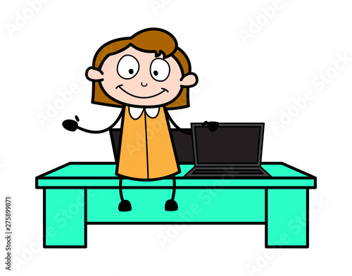 Presenting a Laptop and Its Features - Retro Office Girl Employee Cartoon Vector Illustration