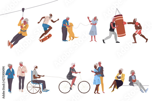 Set of vector illustrations of diverse senior people doing various leisure activities after retirement.