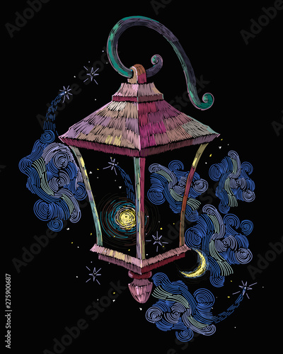 Vintage lantern, moon and night sky. Embroidery. Good night, dreams concept. Street light art. Fashion template for clothes, tapestry, t-shirt design