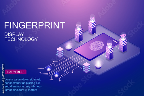 Isometric vector illustration of smartphone protected by fingerprint scan for advertisement of safety technology landing page vector illustration.