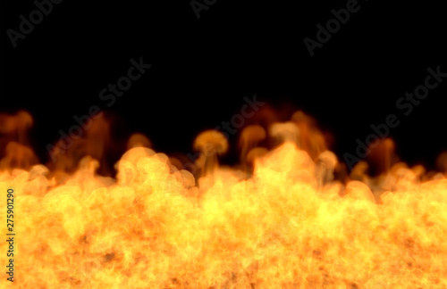 Flame from the bottom - fire 3D illustration of visionary melting fire, sylized frame isolated on black background