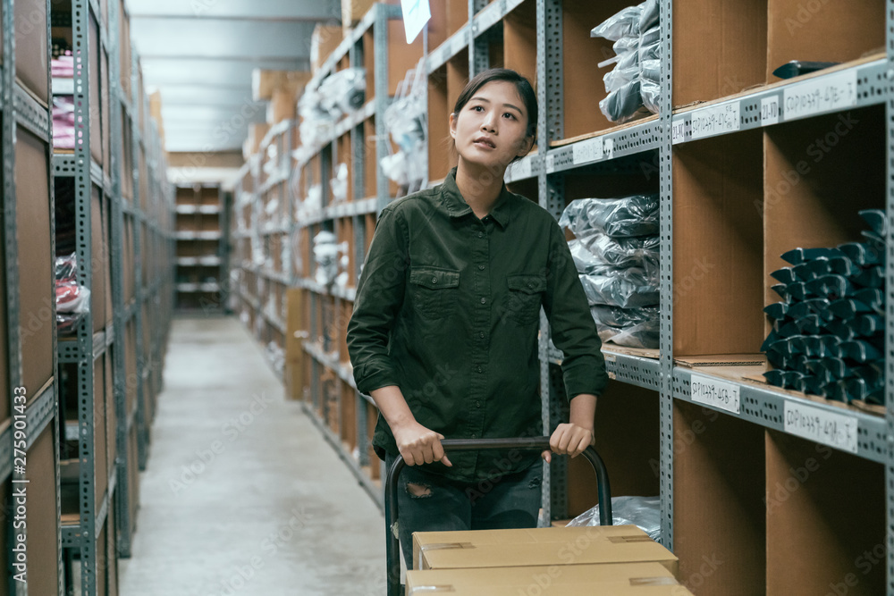young worker woman transporting cart cardboard cases in storage. asian female employee walking in stockroom pushing cart with boxes on it. girl staff in storehouse finding place put product and goods
