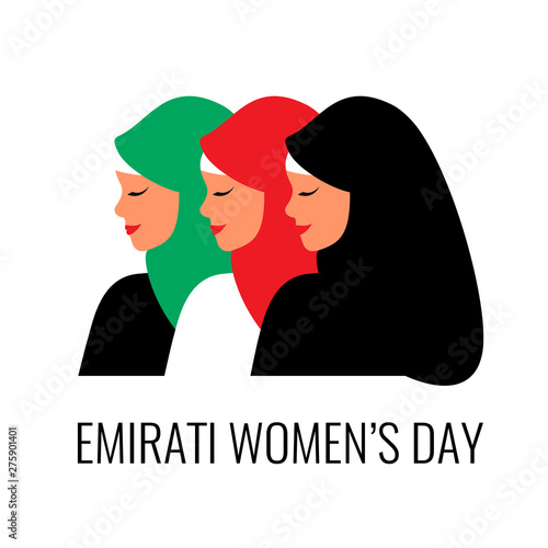 Emirati Women's day greeting card with Young arab girls wearing colorful hijab. Vector illustration in flat style