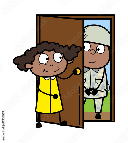 Welcoming to The Soldier - Retro Black Office Girl Cartoon Vector Illustration
