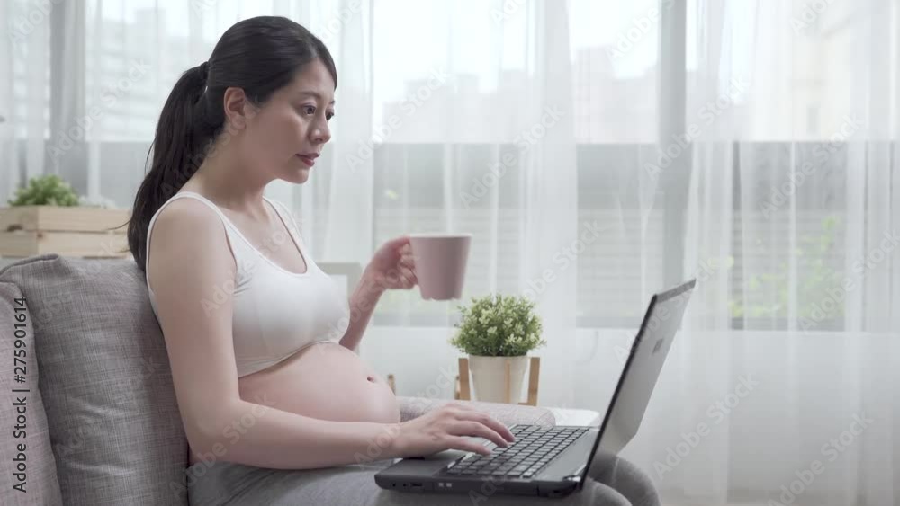 beautiful smiling pregnant woman typing on laptop computer replying message on internet. young expectant lady wear white sport bra sitting on couch relax using notebook pc browsing website online beautiful smiling pregnant woman typing on laptop computer replying message on internet. young expectant lady wear white sport bra sitting on couch relax using notebook pc browsing website online