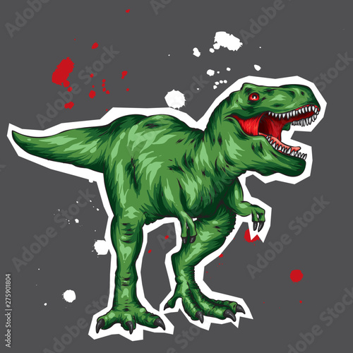 Dinosaur. Bright vector illustration. Cartoon reptile. Tyrannosaur. Print on clothes, drawing for postcards. Hipster.