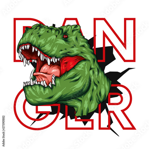 Dinosaur. Bright vector illustration. Cartoon reptile. Tyrannosaur. Print on clothes, drawing for postcards. Hipster.