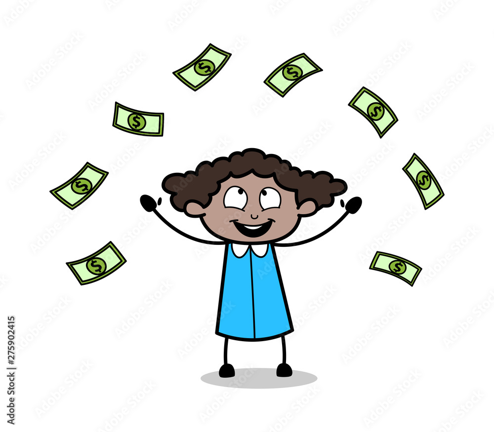 Catching Floating Money - Retro Black Office Girl Cartoon Vector Illustration