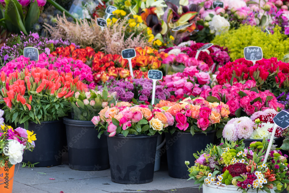 Blumenvielfalt auf dem Wochenmarkt am Marktplatz zeigt die Schönheit der Blumen und Blüten, die man kaufen und verkaufen kann Blumenvielfalt auf dem Wochenmarkt am Marktplatz zeigt die Schönheit der Blumen und Blüten, die man kaufen und verkaufen kann