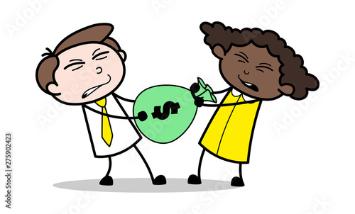 Fighting for Money Bag - Retro Black Office Girl Cartoon Vector Illustration
