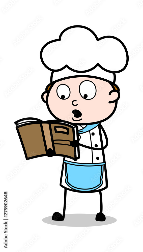 Reading a Recipe Book - Cartoon Waiter Male Chef Vector Illustration