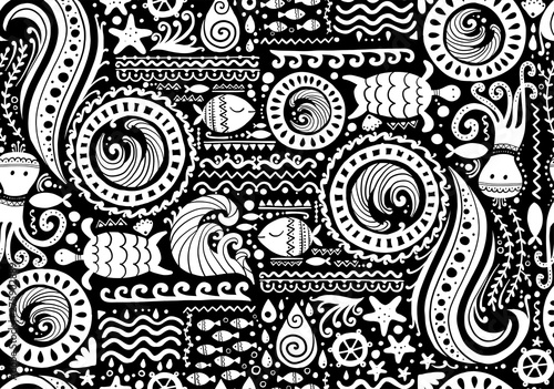 Polynesian style marine background, tribal seamless pattern for your design