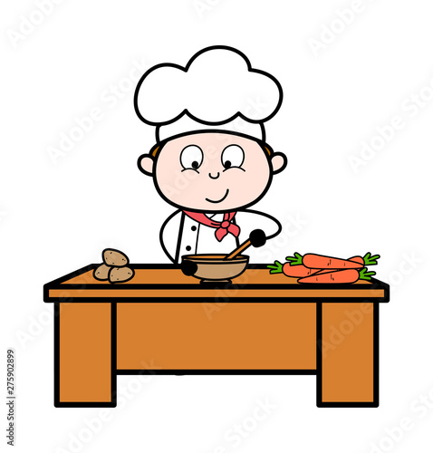 Preparing Food - Cartoon Waiter Male Chef Vector Illustration