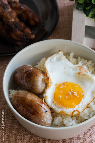 longgasilog, Filipino style hotdog with egg on top of garlic rice is one of favorite dishes of Filipinos 