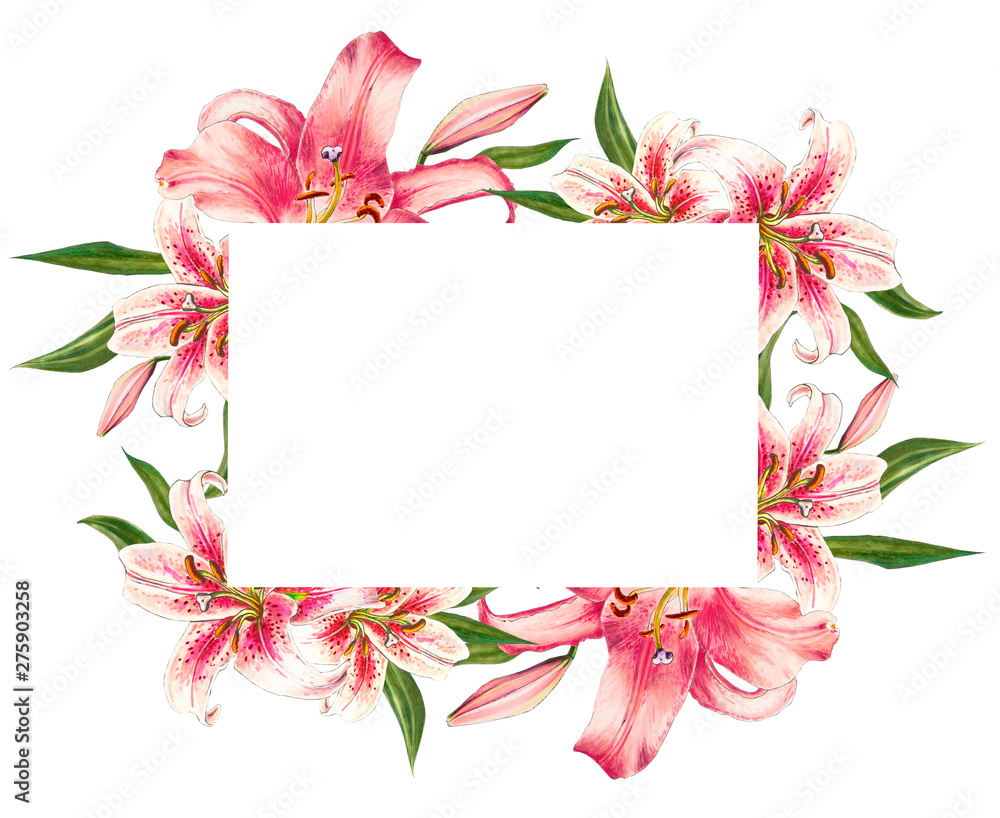 Beautiful pink lily frame. Bouquet of flowers. Floral print. Marker drawing. Watercolor painting. Wedding and birthday festive composition. Greeting card. Painted background. Hand drawn illustration.