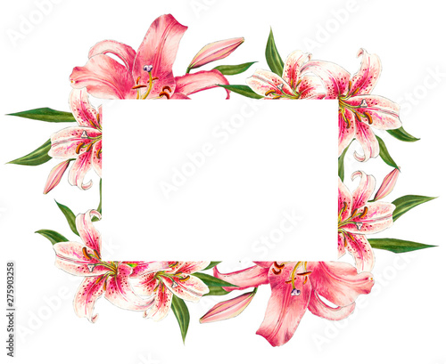 Wallpaper Mural Beautiful pink lily frame. Bouquet of flowers. Floral print. Marker drawing. Watercolor painting. Wedding and birthday festive composition. Greeting card. Painted background. Hand drawn illustration. Torontodigital.ca