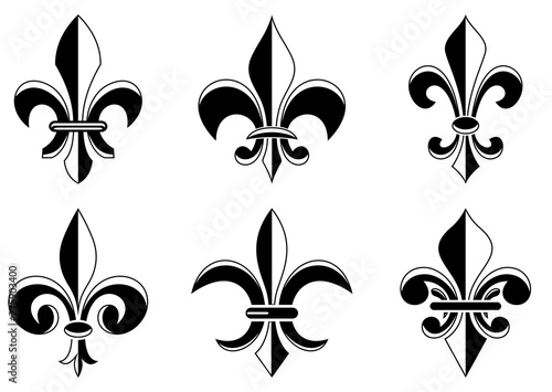 Fleur-de-lys Symbol in verschiedenen Variationen auf einem isolierten weißen hintergrund Set von Lilien symbolen, verwendbar für alle heraldischen Anforderungen.