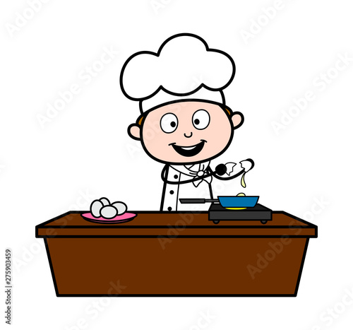 Making an Omlete - Cartoon Waiter Male Chef Vector Illustration