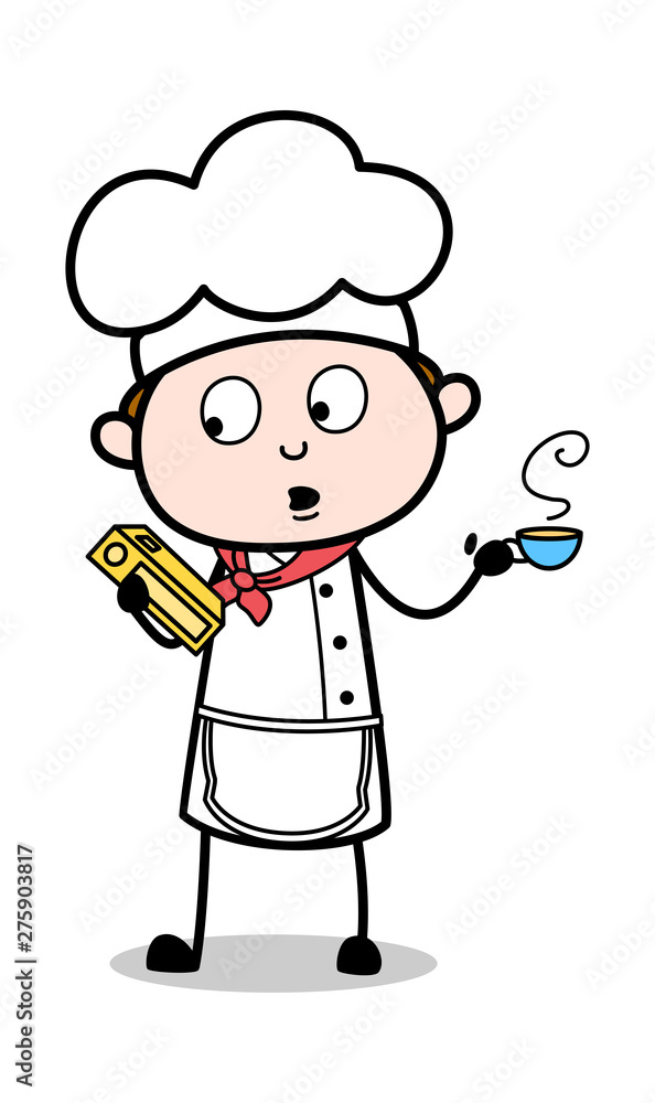 Chef Holding a Book and Coffee - Cartoon Waiter Male Chef Vector Illustration Chef Holding a Book and Coffee - Cartoon Waiter Male Chef Vector Illustration