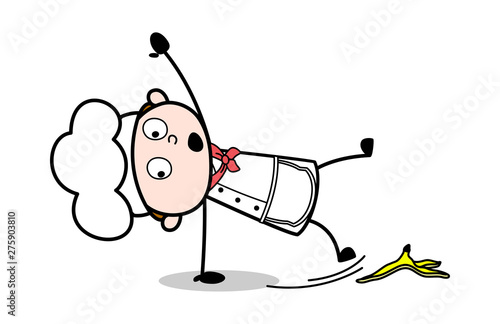 Fall Down on Banana Peel - Cartoon Waiter Male Chef Vector Illustration