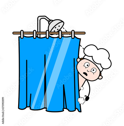 Surprisingly Watching Outside When Taking a Shower - Cartoon Waiter Male Chef Vector Illustration