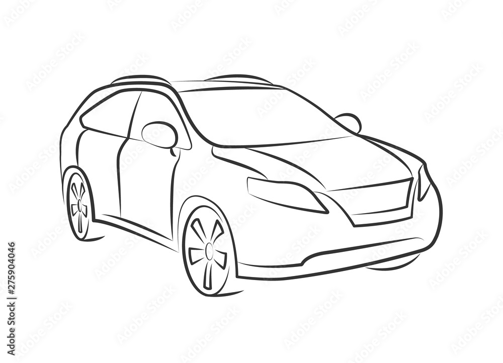 off road auto car detailed monochrome vector illustration. black vehicle outline perspective sketch isolated on white background