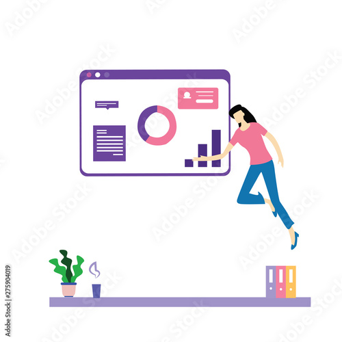 People flying and interacting with graphs and papers. Business and workflow management. template Vector Illustration