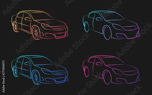 auto car in two versions gradient vector illustration. gradient vehicle outline perspective sketch isolated on black background