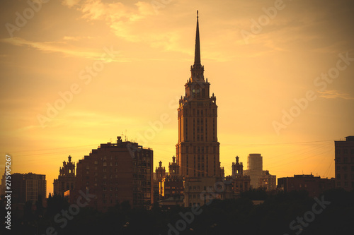 sunset cityscape with tower in Moscow, Russia