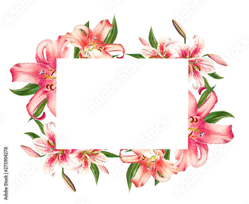Wallpaper Mural Beautiful pink lily frame. Bouquet of flowers. Floral print. Marker drawing. Watercolor painting. Wedding and birthday festive composition. Greeting card. Painted background. Hand drawn illustration. Torontodigital.ca