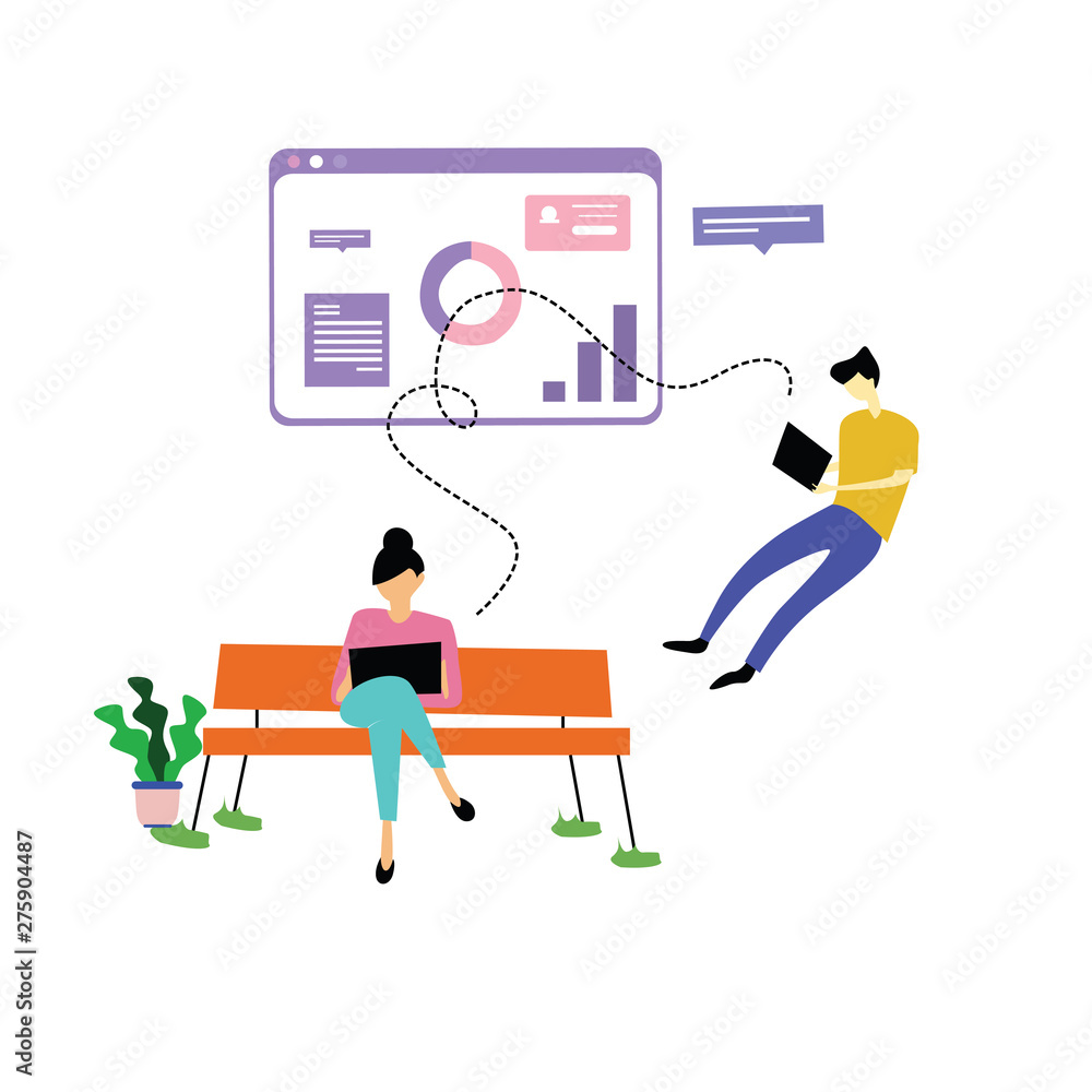People flying and interacting with graphs and papers. Business and workflow management. template Vector Illustration People flying and interacting with graphs and papers. Business and workflow management. template Vector Illustration