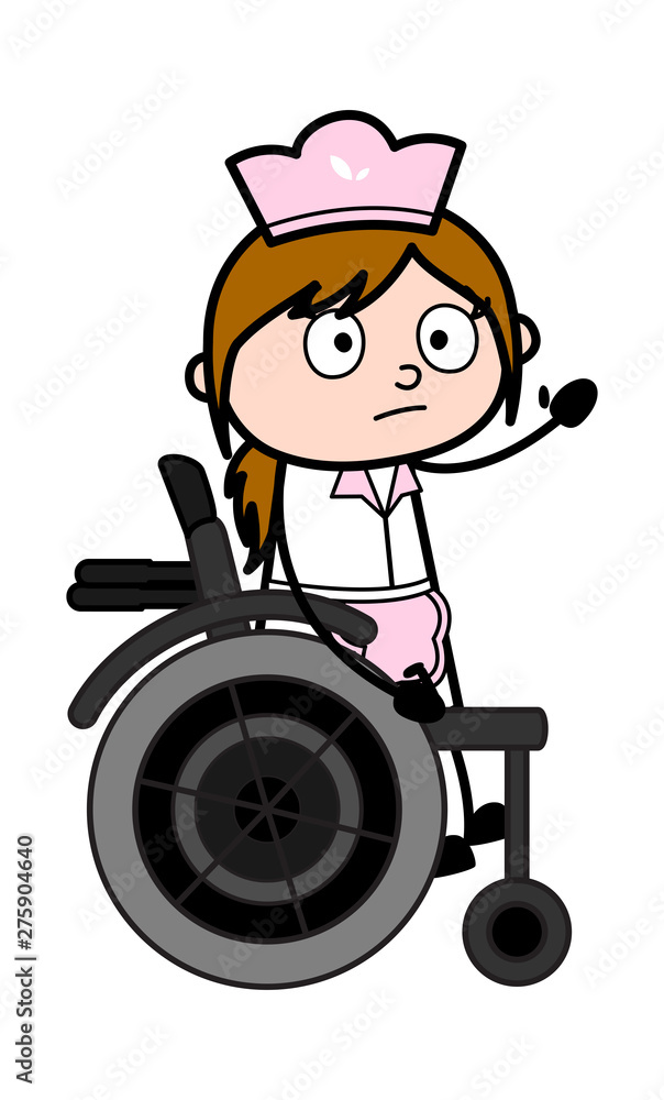 Sitting on Wheel Chair and Gesturing with Hand - Retro Cartoon Waitress Female Chef Vector Illustration Sitting on Wheel Chair and Gesturing with Hand - Retro Cartoon Waitress Female Chef Vector Illustration