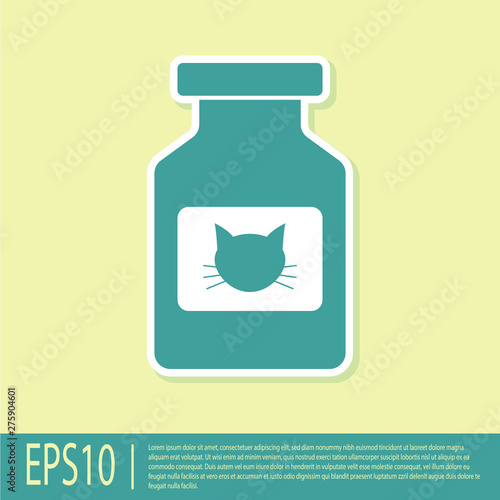 Green Cat medicine bottle icon isolated on yellow background. Container with pills. Prescription medicine for animal. Vector Illustration