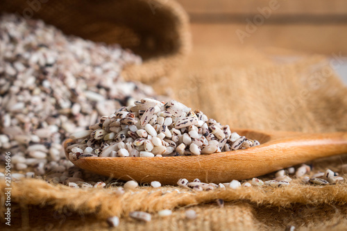 Organic black sticky rice in wooden spoons on sack photo