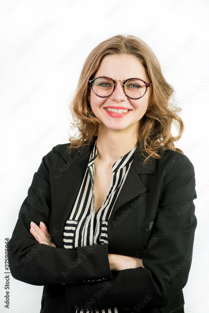 Portrait on successful businrss woman in glasses and dressed in jacket isolated on white Portrait on successful businrss woman in glasses and dressed in jacket isolated on white