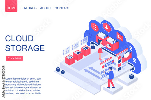 Cloud storage isometric vector landing page template. Data backup and web hosting website design layout. Digital server, database and cloud computing services 3d concept. Data uploading and webstorage