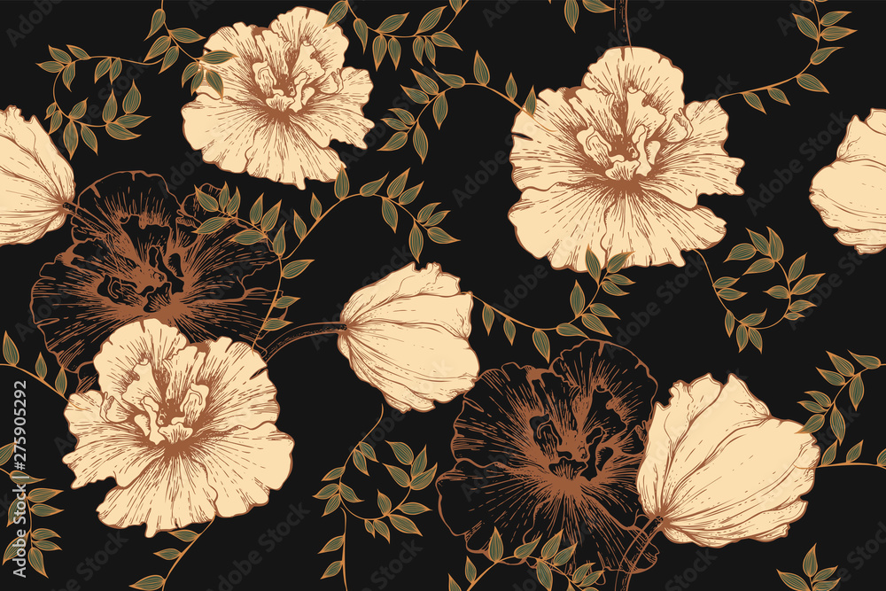 custom made wallpaper toronto digitalHibiscus and tulips on seamless vintage background. Hand-drawn, vector illustration.