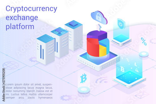 Cryptocurrency exchange platform landing page vector template. Bitcoin financial transactions, e billing service website layout. Crypto mining, blockchain 3d concept. Electronic currency market © lembergvector