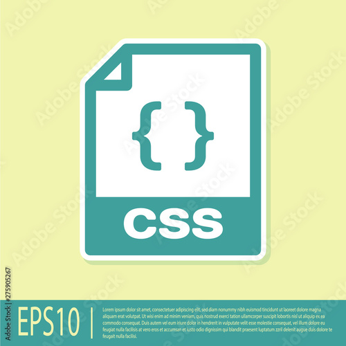 Green CSS file document icon. Download css button icon isolated on yellow background. CSS file symbol. Vector Illustration