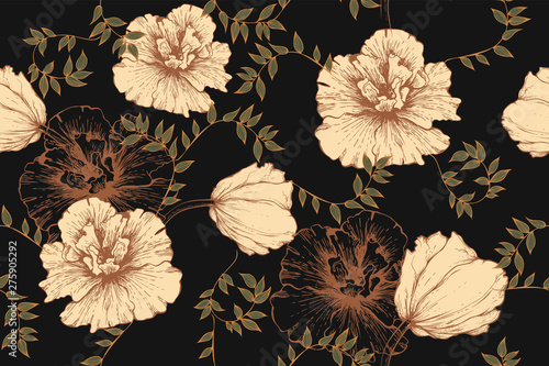 Wallpaper Mural Hibiscus and tulips on seamless vintage background. Hand-drawn, vector illustration. Torontodigital.ca