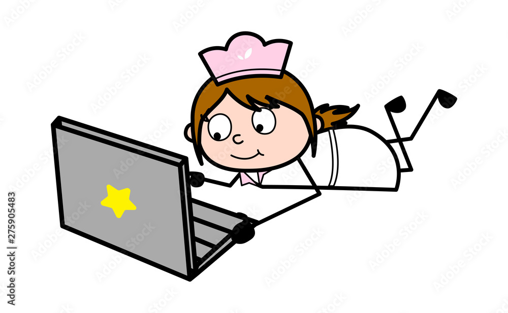 Watching Online Videos on Laptop - Retro Cartoon Waitress Female Chef Vector Illustration