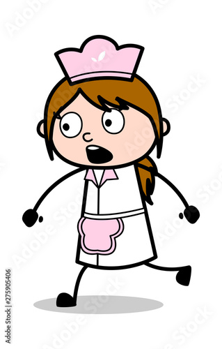 Running in Scare - Retro Cartoon Waitress Female Chef Vector Illustration